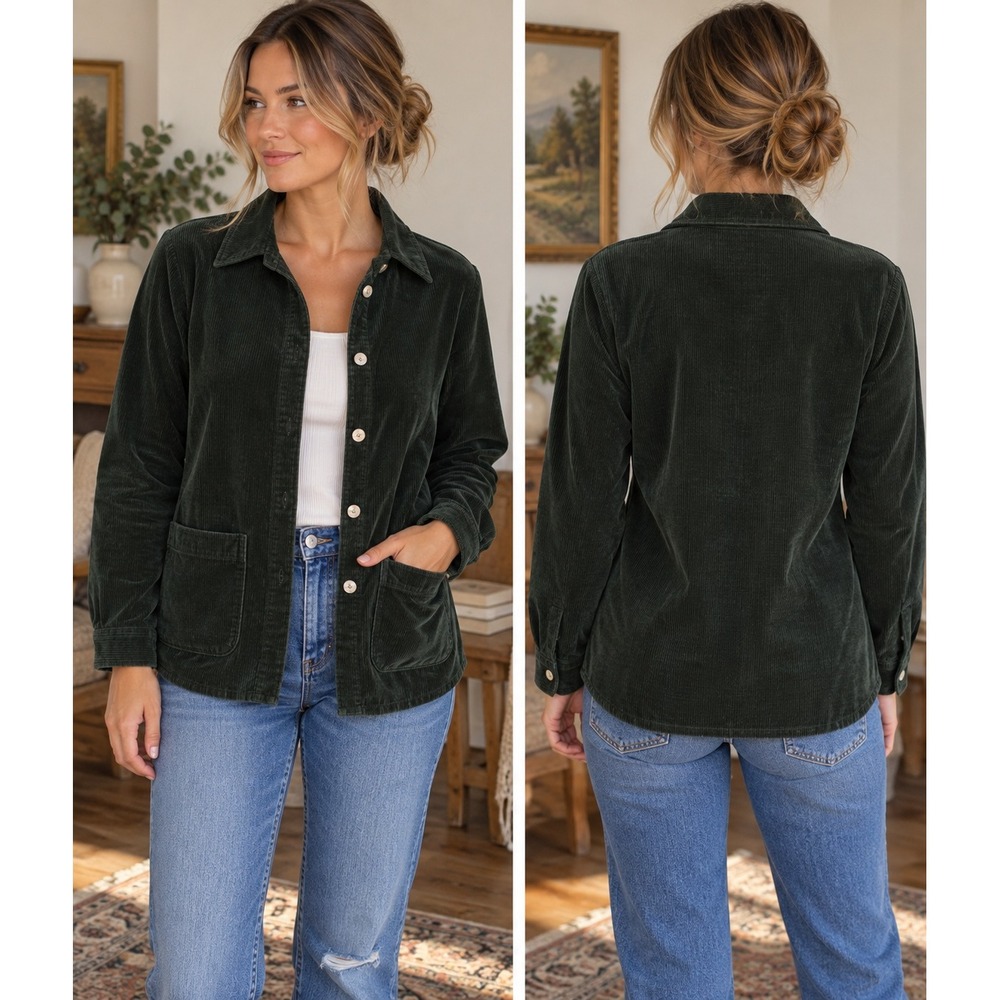 Vintage 90s Corduroy Jacket Forest Green Button Down Shirt Jacket S M